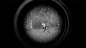 Sniper's scope trained in enemy soldier